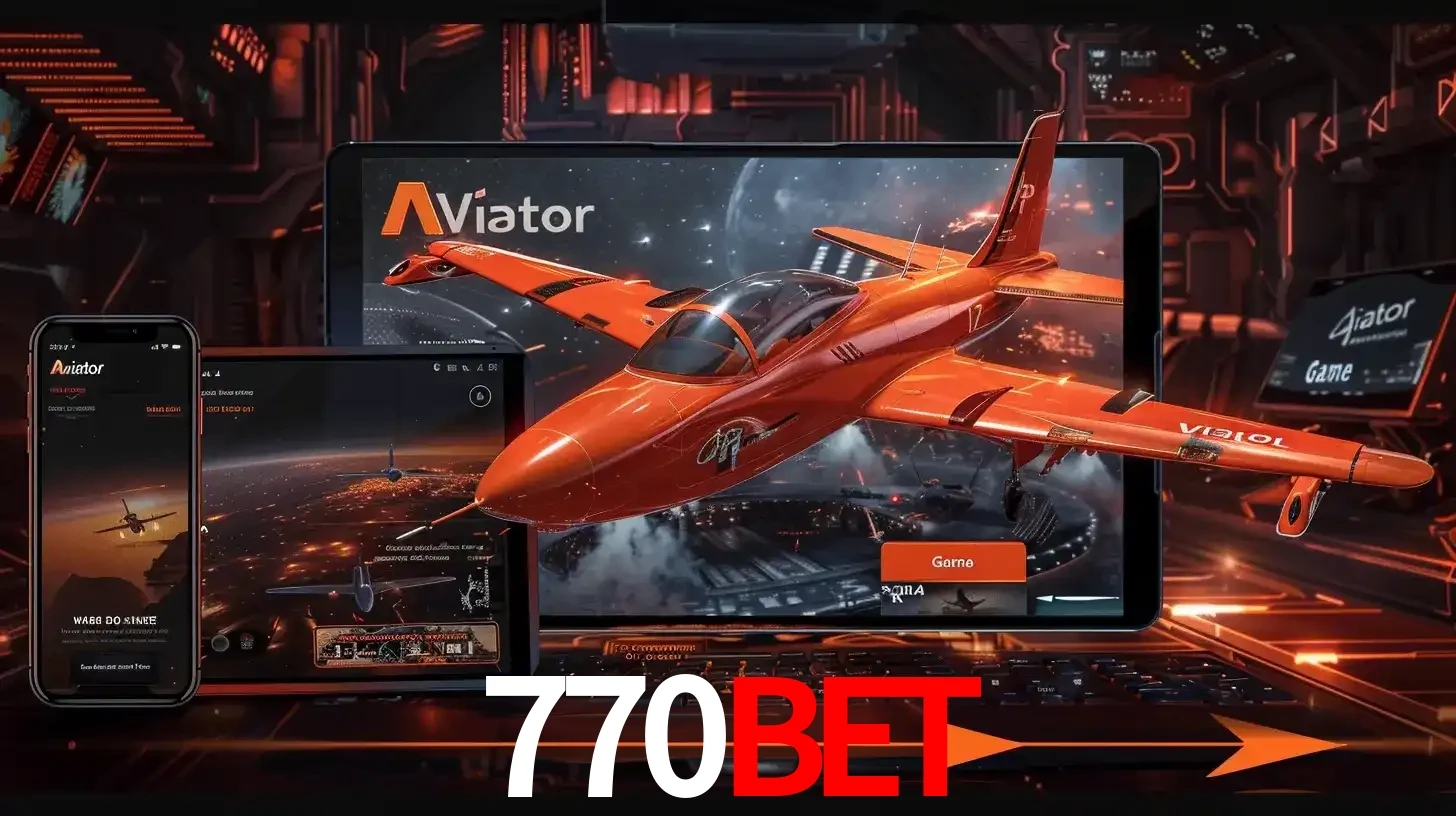 Apresentação tecnológica do jogo Aviator com um avião saindo da tela de um tablet, demonstrando a experiência imersiva em múltiplos dispositivos no 770BET.