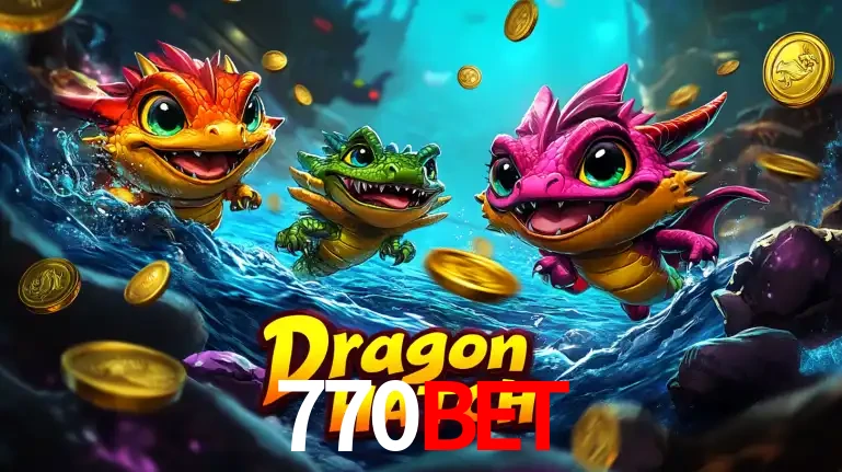 Arte promocional do jogo Dragon Hatch com três adoráveis dragões bebês nadando entre moedas de ouro, um dos slots mais divertidos para jogar no cassino 770BET.
