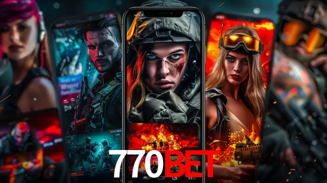 Montagem de telas de celular mostrando diversos personagens, masculinos e femininos, de um jogo de tiro, ilustrando a diversidade de equipes de e-sports para apostar no 770BET.