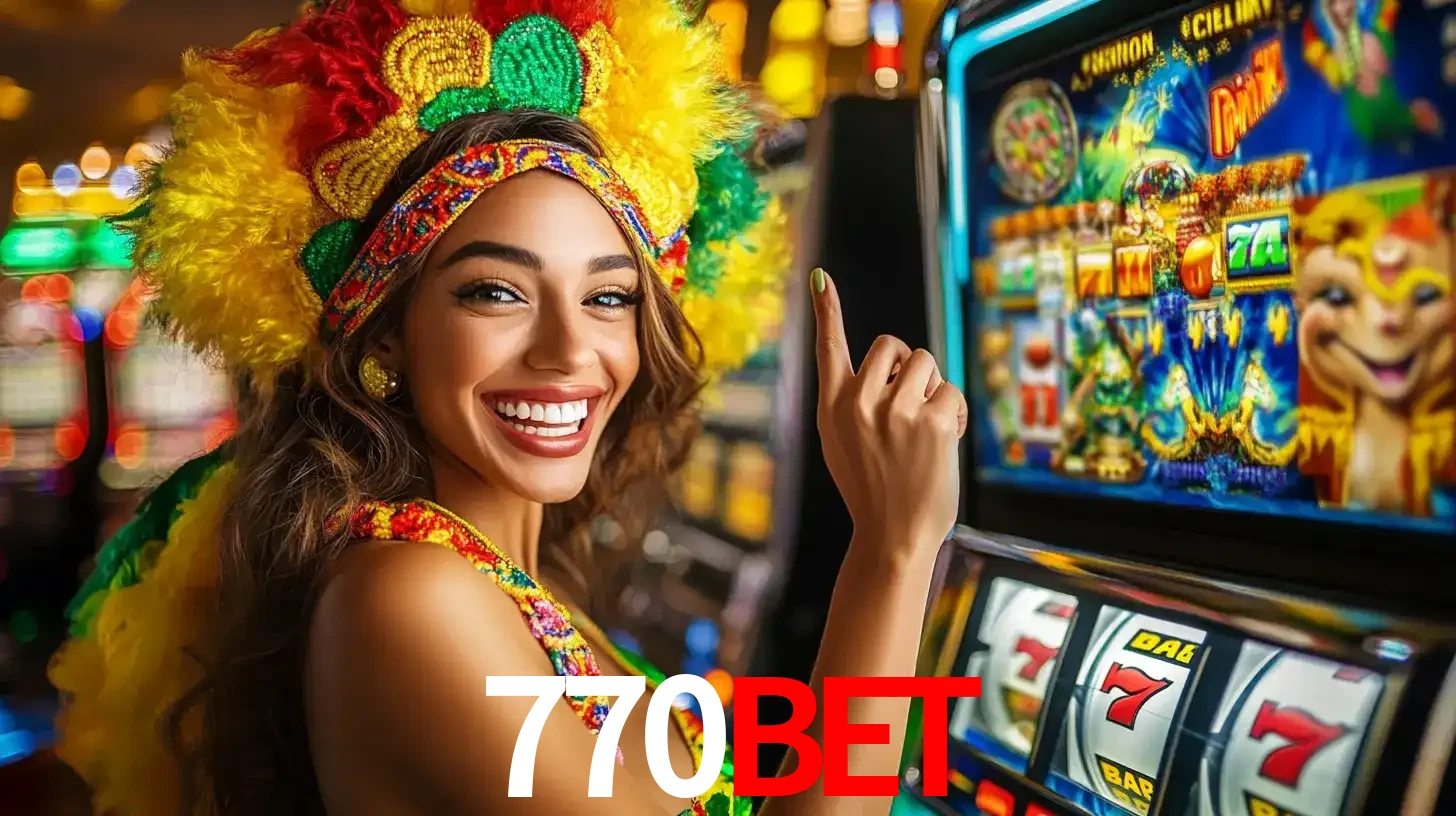 Mulher animada com um cocar de carnaval apontando para uma máquina de caça-níqueis, mostrando a emoção de ganhar um grande prêmio nos jogos do 770BET.
