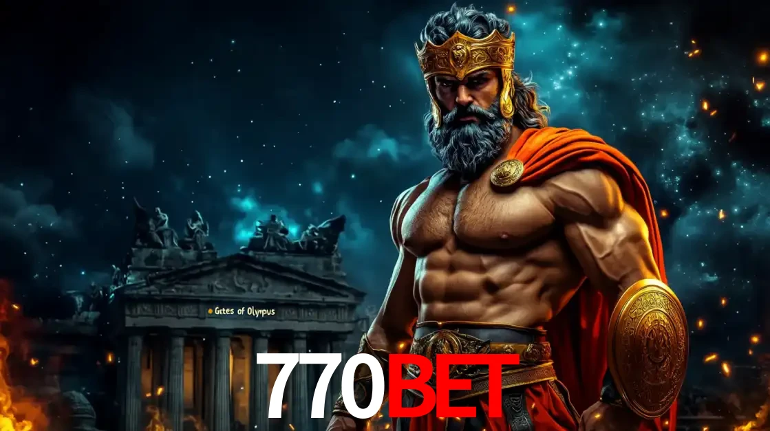 O poderoso Zeus do jogo de slot Gates of Olympus em frente ao seu templo, pronto para lançar multiplicadores divinos e prêmios épicos no cassino online 770BET.