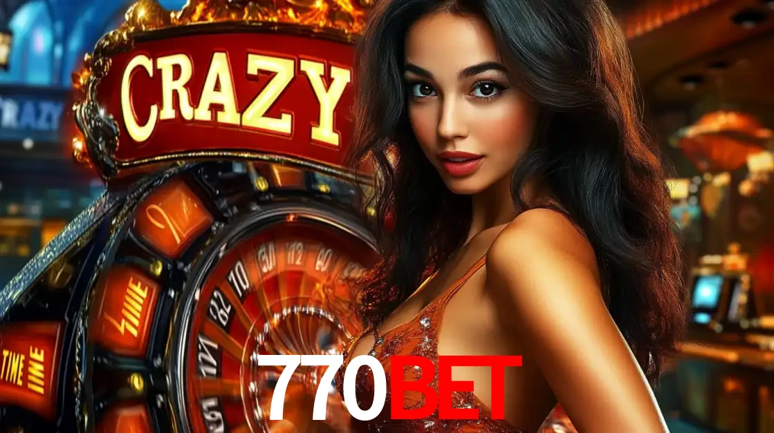 Mulher glamourosa olhando para a câmera com a roda vermelha do Crazy Time ao fundo em um ambiente de cassino, destacando a emoção dos jogos ao vivo no 770BET.