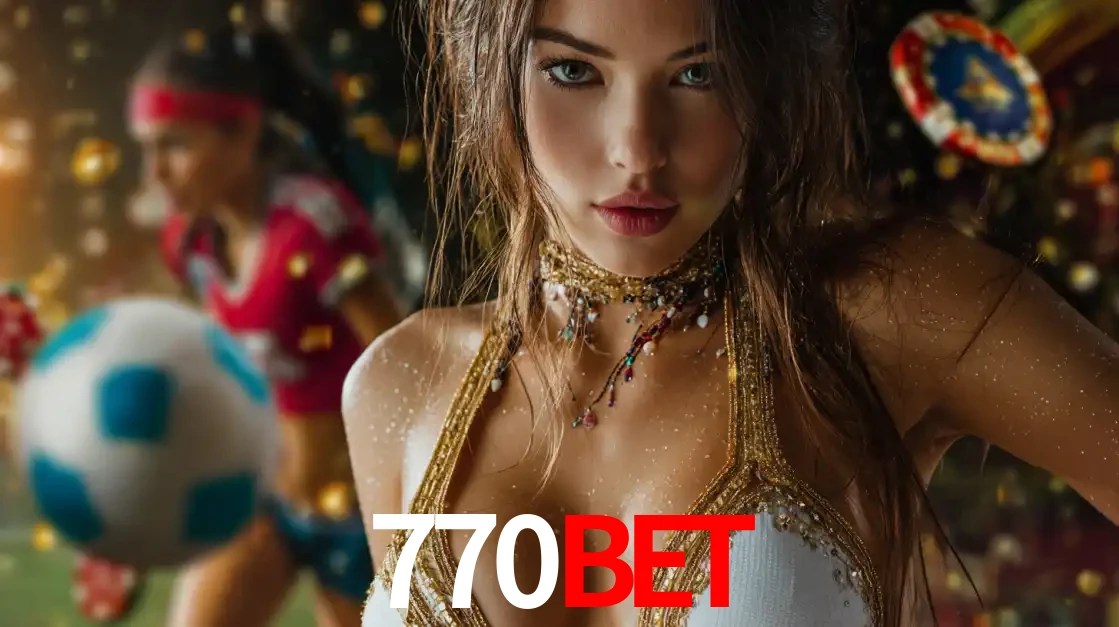 Mulher elegante representando a combinação de glamour e emoção das apostas esportivas, com uma jogadora de futebol ao fundo, destacando a ação no 770BET.