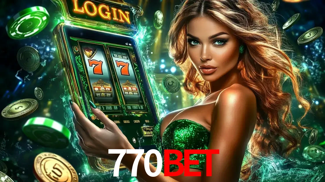 Mulher com tema verde apresentando o aplicativo do cassino 770BET com um jogo de slot de 777, cercada por fichas de cassino e uma aura de sorte.