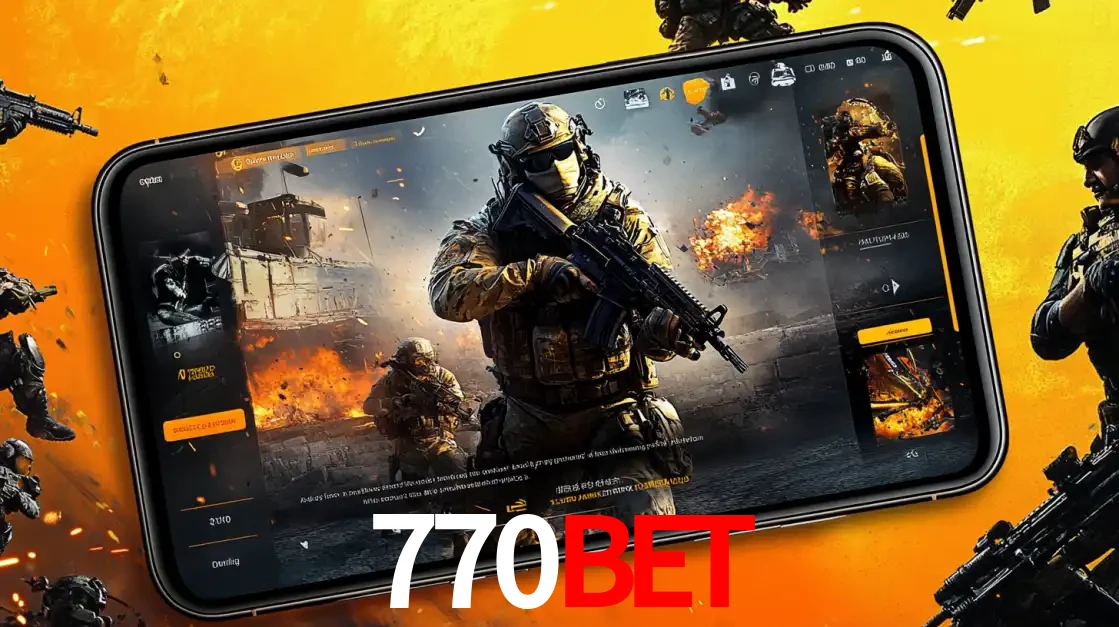 Um smartphone exibindo a interface de um jogo de tiro em primeira pessoa, com um soldado em um cenário de batalha, representando a ação dos e-sports para apostar no 770BET.