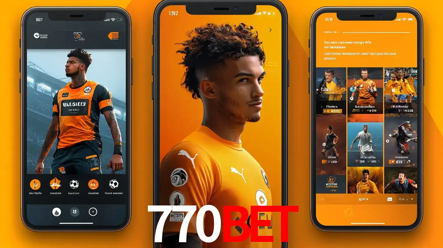 Interface do aplicativo de apostas esportivas 770BET em três telas de celular, mostrando o perfil de um jogador de futebol e a lista de jogos disponíveis para apostar.