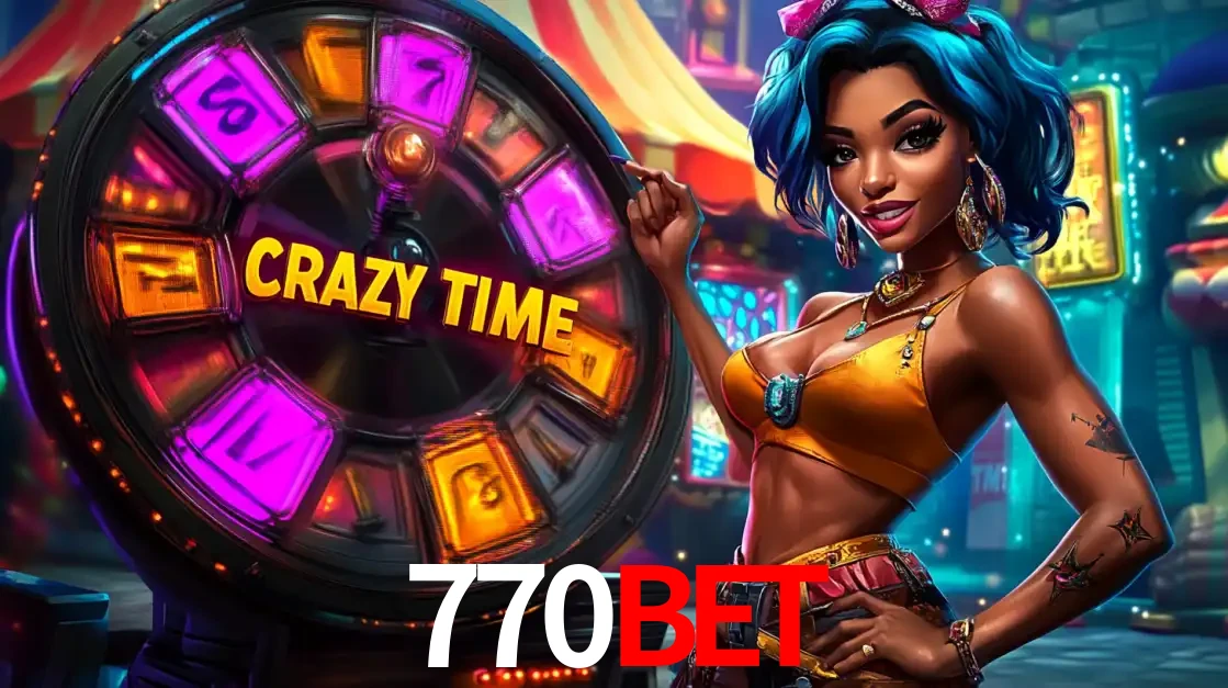 Mulher estilizada com cabelo azul e visual vibrante posando ao lado da roda de prêmios do game show Crazy Time, convidando para a diversão e os bônus do cassino 770BET.