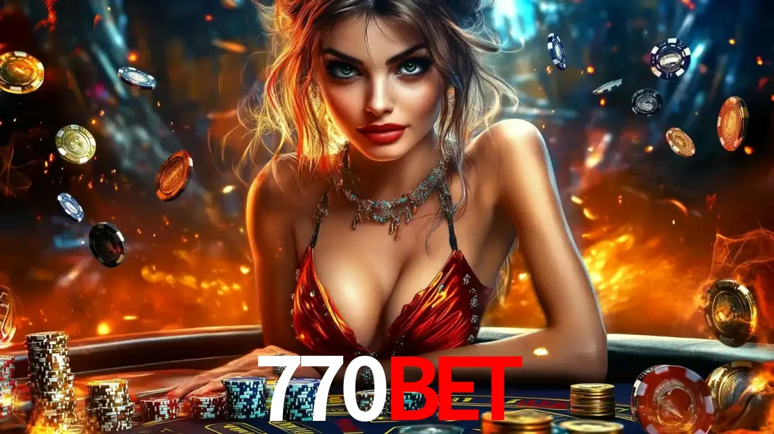 Mulher em uma mesa de cassino com pilhas de fichas e um fundo de fogo, pronta para uma rodada de altas apostas nos jogos de mesa emocionantes do cassino 770BET.