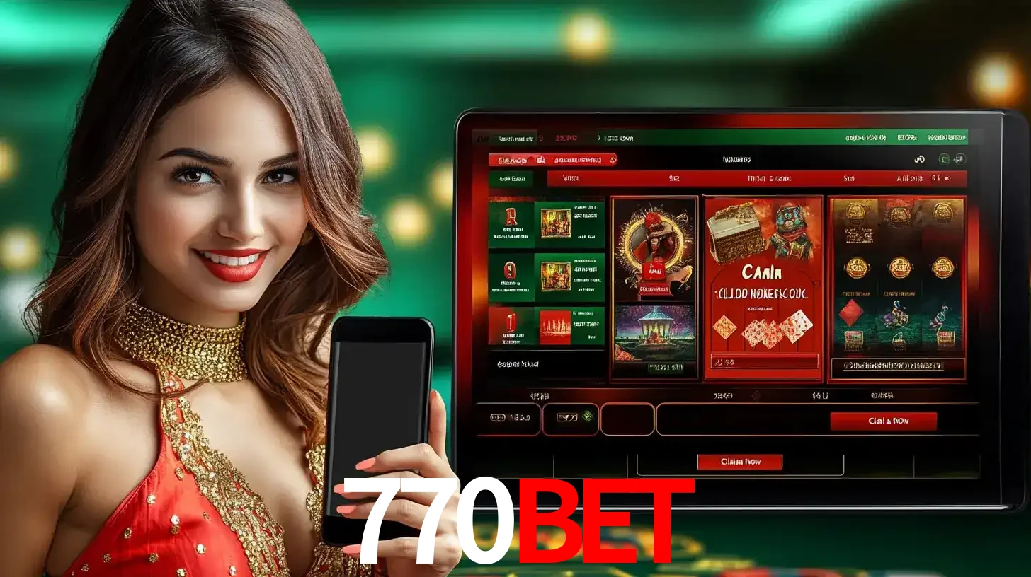 Mulher sorridente segurando um smartphone, ao lado de uma tela exibindo o lobby de jogos do cassino online 770BET, com várias opções de jogos de cartas e slots.